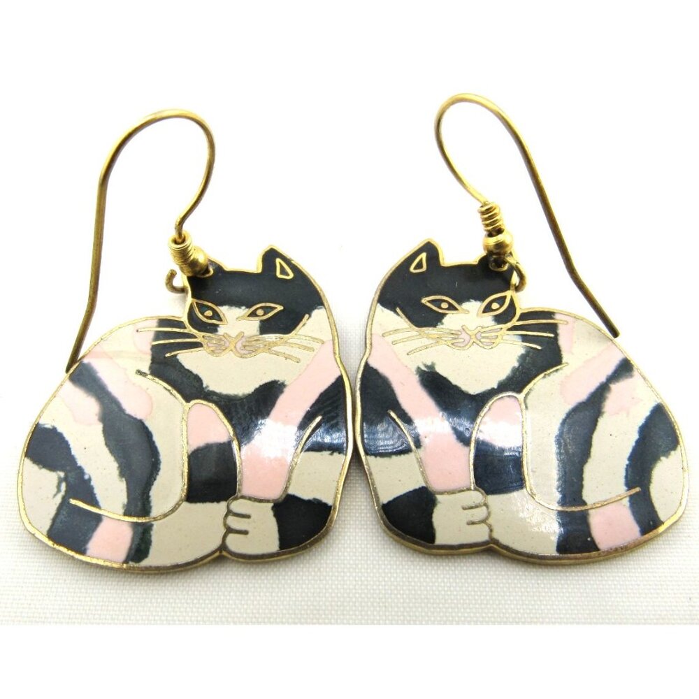 Vintage Meow Enamel Cat Kitty Earrings Dangle Pink Black Cute Retro